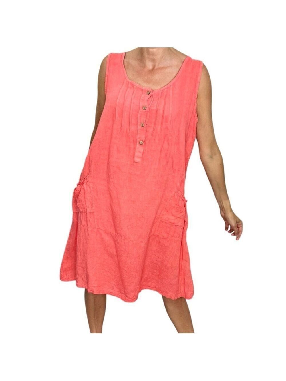Frocella Italy pure linen coral a line sleeveless flowy light summer midi dress
